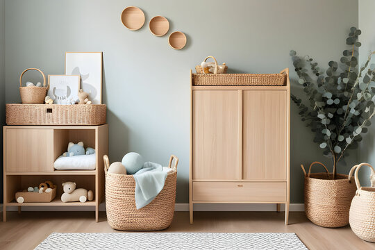 Stylish scandinavian newborn baby room with wooden cabinet, toys, children's chair, natural basket Modern interior with eucalyptus background walls, wooden parquet and cottona balls. Home decor.
