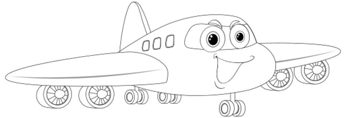 Black and white line art of a smiling airplane.