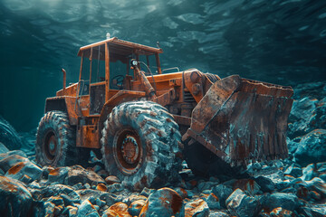 Stone loader in 3D style at the underwater construction site, novel and detailed, space for text - obrazy, fototapety, plakaty