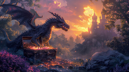 Treasure chest under dragon watch in smoky forest dawn, enchanting and secretive