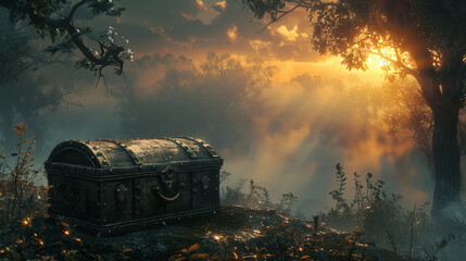 Treasure chest under dragon watch in smoky forest dawn, enchanting and secretive - obrazy, fototapety, plakaty