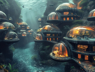 Underwater dome city town, future living in oceanic escape - obrazy, fototapety, plakaty