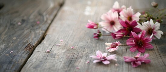 Flowers displayed on a weathered wooden table, creating a textured background with space for text.
