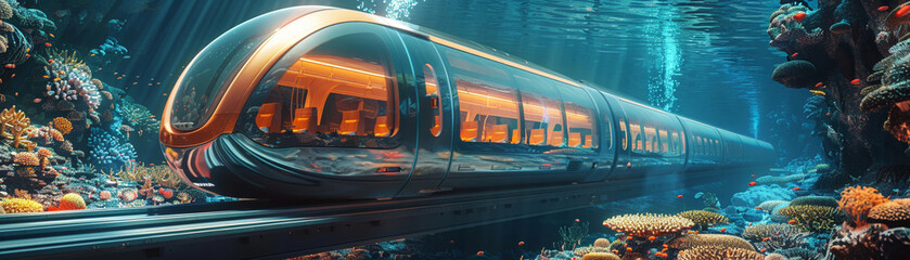 Vision of the future superfast train connecting underwater city habitats