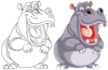 Two cheerful hippos, one colored and one outlined.