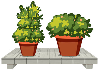 Two lush green potted plants on a gray bench.