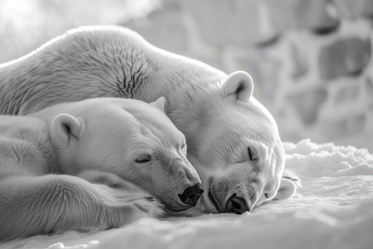 Two polar bears they are resting in the tundra.