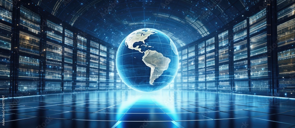 Poster a globe sits in the center of a room surrounded by numerous screens displaying astronomical objects 