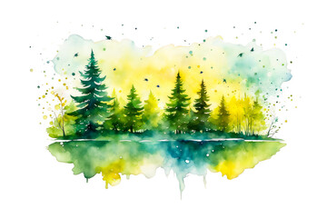 Glowing forest with pine trees, watercolor illustration, clipart, wild trees, yellow green colored, clipart, nature, trees, explore, for scrapbook, journal, presentation, save nature concept, cutout 