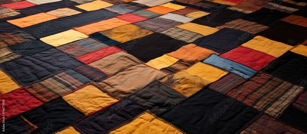 Poster close-up view of a vibrant quilt with multiple colors and patterns stitched together in a patchwork 