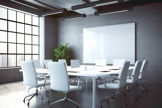 A modern conference room ambiance with a bright, empty white frame on the wall, adding sophistication to the contemporary setting.