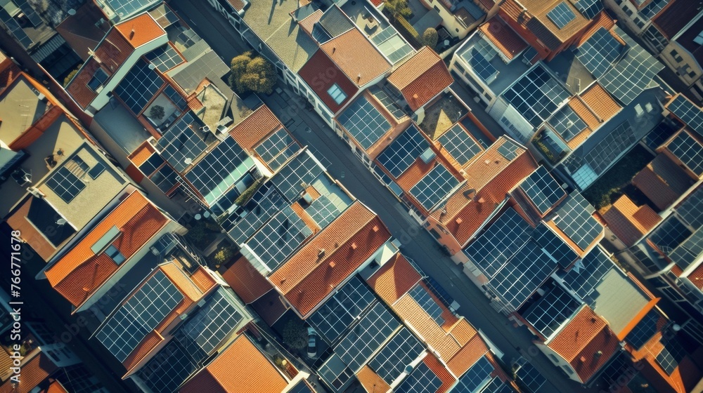 Poster an aerial view of a city with buildings covered in solar panels representing a shift towards a more 