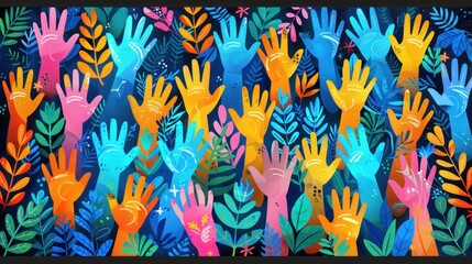 Multiple hand prints in various colors displayed on a bright blue background