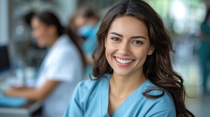 Female healthcare worker in scrubs smiling at the camera