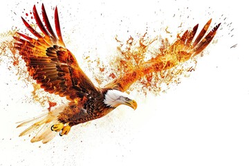 an eagle flying with splash of fire isolated on white background