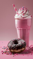 A pink milkshake with cream and sprinkles next to a chocolate donut, pastel background, food photography, product shot, studio lighting, advertising style, food styling, food advertisement, product ph