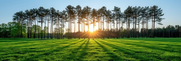 Sunlight filters through trees in a field