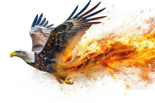 an eagle flying with splash of fire isolated on white background