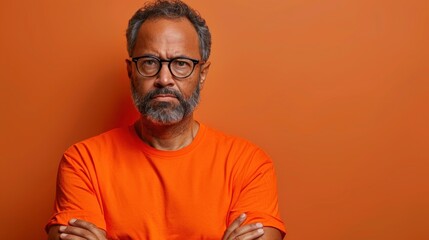 A man wearing an orange shirt stands with his arms crossed - obrazy, fototapety, plakaty