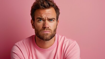 A man wearing a pink shirt looks worried