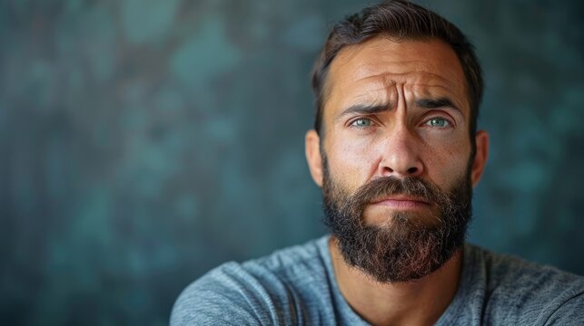 A man with a beard gazing upwards in contemplation
