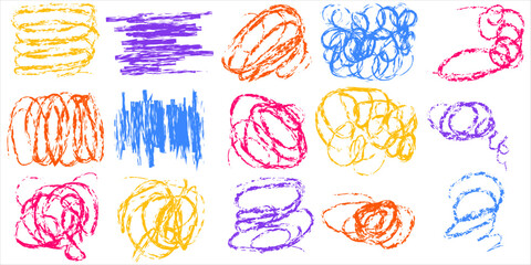 Set of tangled crayons scribble line art. Hand drawn chaos line, abstract, messy, pen, vector illustration