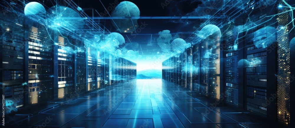 Poster azure servers line the long hallway of the data center, creating a symmetrical pattern of electric b
