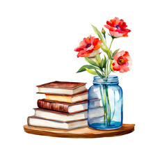 Books stacks with a jar, filled with red flowers, novels,  book lover, nature, cozy vibe, aesthetic, for scrapbook, journals, presentation, clipart, prints, cutout on white background