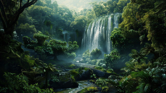 panoramic view of a breathtaking waterfall nestled within a lush and dense forest, showcasing the serene beauty of nature's splendor in a tranquil and mesmerizing scene