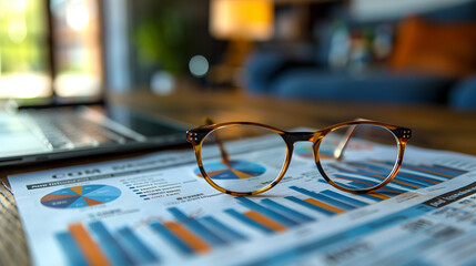 A pair of elegant glasses rests gracefully upon a table, reflecting the surrounding light with financial documents in a modern office, business concept