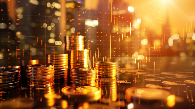 A lavish pile of gold coins gleams under the light, perched on top of a wooden table, a business concept