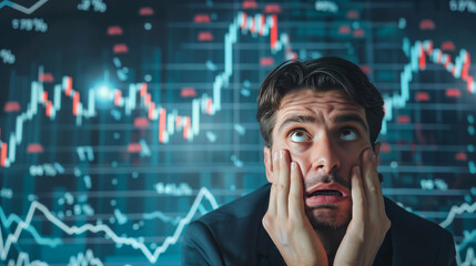 A man in distress holds his face in front of a stock chart, showcasing intense emotions as he navigates the turbulent market trends, depressed stock market trader - obrazy, fototapety, plakaty