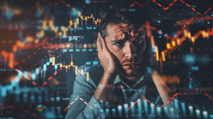A man holds his head in despair while standing in front of a fluctuating stock chart, symbolizing financial stress and anxiety in the market, depressed stock market trader