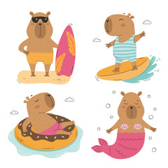 Summer tropical capybaras travel, surf and relax
