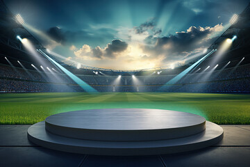 Cylindric podium on an arena world football stadium green field stadium