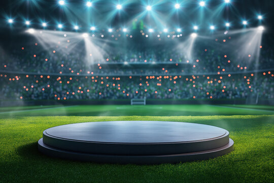 Cylindric podium on an arena world football stadium green field stadium