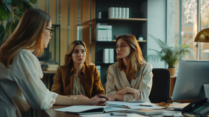 Two business women sit at desk discuss project details, diverse female colleagues met in office, share opinion, working on collaborative task, sales manager makes commercial offer to company client.