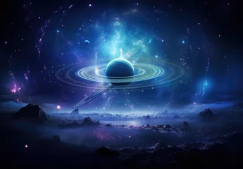 Fototapeten Saturnus planet with rings, planet of solar system, on the space background. Abstract scientific background,  planets in space, nebula and stars. future, science fiction and astronomy concept. NASA. © ribelco