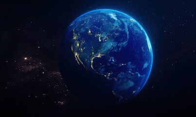 Sphere of planet Earth in outer space. City lights on planet.