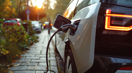 An electric car is plugged into a charging station, receiving energy to power its environmentally friendly engine - obrazy, fototapety, plakaty