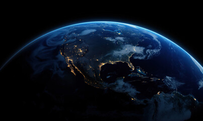 Sphere of planet Earth in outer space. City lights on planet.
