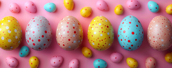 Easter eggs top view pink background. Flat lay of colorful Easter eggs. Easter concept