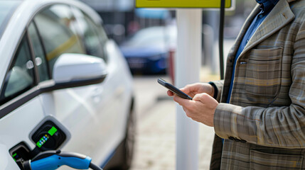 A man stands at a gas pump, engrossed in his cell phone, oblivious to the surroundings charging a ev electric car, , business men on background - obrazy, fototapety, plakaty