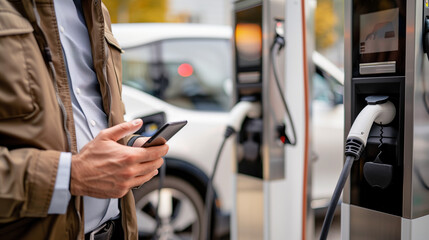 A man in casual attire stands beside an electric car charging station, engrossed in his cell phone. The bright lights of the gas station illuminate the scene