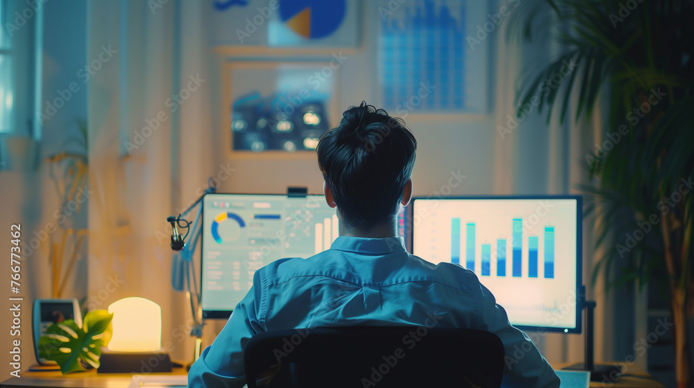 Poster a man engrossed in work, sits at a desk with a computer in front of him, typing and clicking away wi