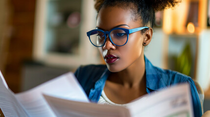 Focused young African American woman in eyeglasses looking through paper documents, managing...