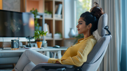 Concentrated young indian ethnicity woman sitting in comfortable adjustable ergonomic armchair with lumbar support, studying or working on computer in modern home office. distant workday concept
