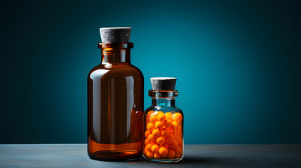 set of different medical capsules with vitamins and medicines in jars. pharmacology and medicine