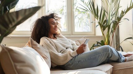A woman sitting comfortably on a couch, engrossed in her cell phone screen, Safe mobile banking. Smiling latina lady client hold mobile phone credit bank card do online shopping provide internet payme - obrazy, fototapety, plakaty