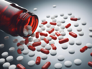 set of different white and red medical capsules with vitamins and medicines flying from a jar. pharmacology and medicine